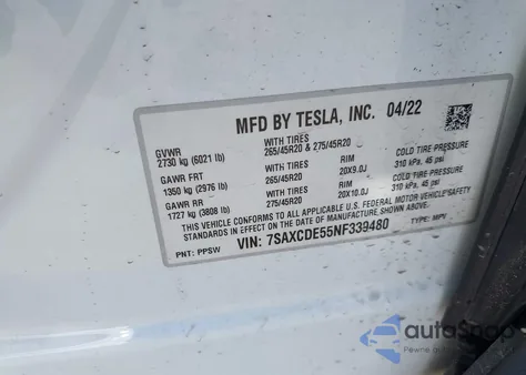2022 Tesla Model X Dual Motor All-Wheel Drive/Plaid Tri Motor All-Wheel Drive z USA, uszkodzony, nr VIN 7SAXCDE55NF339480